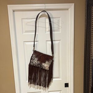 Brown and White Fringe Shoulder Bag